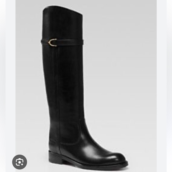 Gucci Shoes - GUCCI Black Leather Knee High Boot with Slim Horsebit